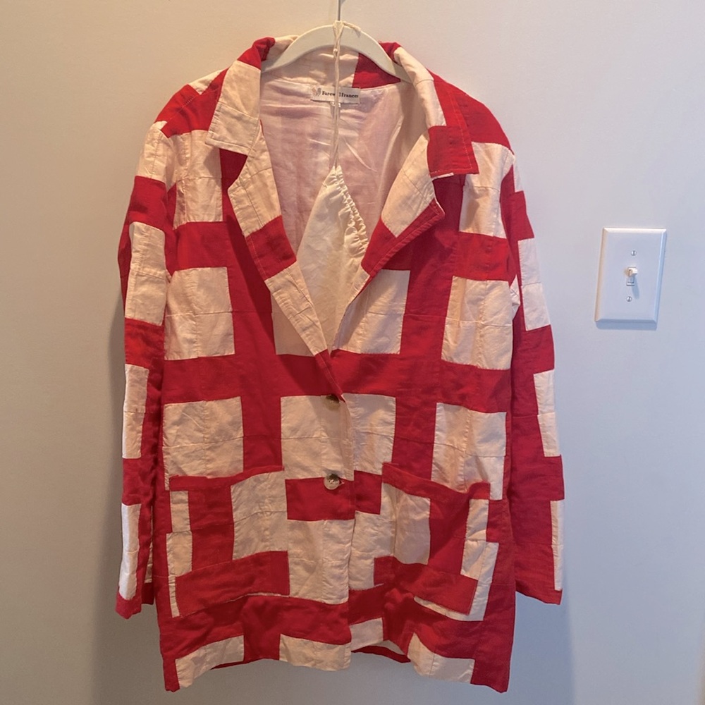 Women's Red and Cream Checkered Jacket - Picture 2 of 5